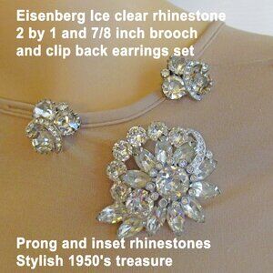 Eisenberg Ice clear rhinestone 2 x 1 and 7/8 brooch & clip back earrings, 1950's